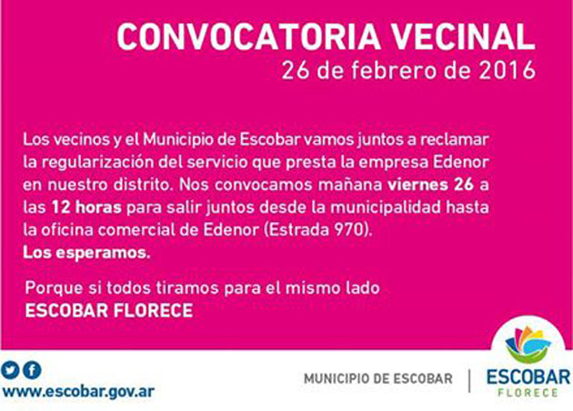 El Municipio convoca a los vecinos a una marcha a las oficinas de Edenor