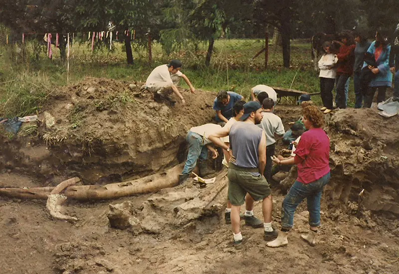 alumnos en la zanja donde se encontró la ballena de Ingeniero Maschwitz