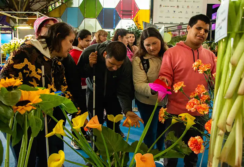 los visitantes disfrutan oliendo flores en un pabellón