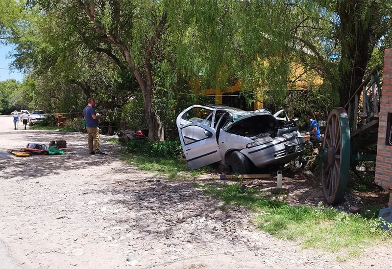 el auto chocado contra el árbol