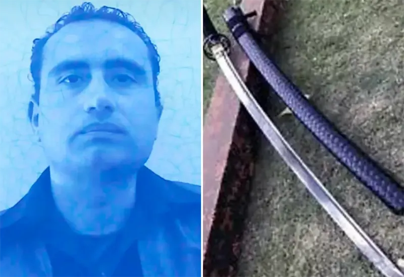 foto de perfil de Daniel Derderian y la katana utilizada en el doble crimen