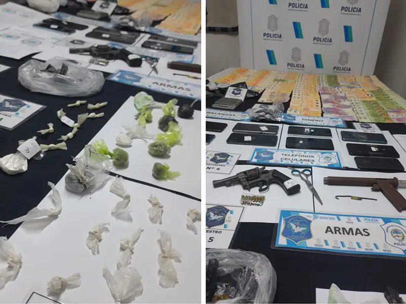 marihuana, cocaína y armas incautadas en los allanamientos