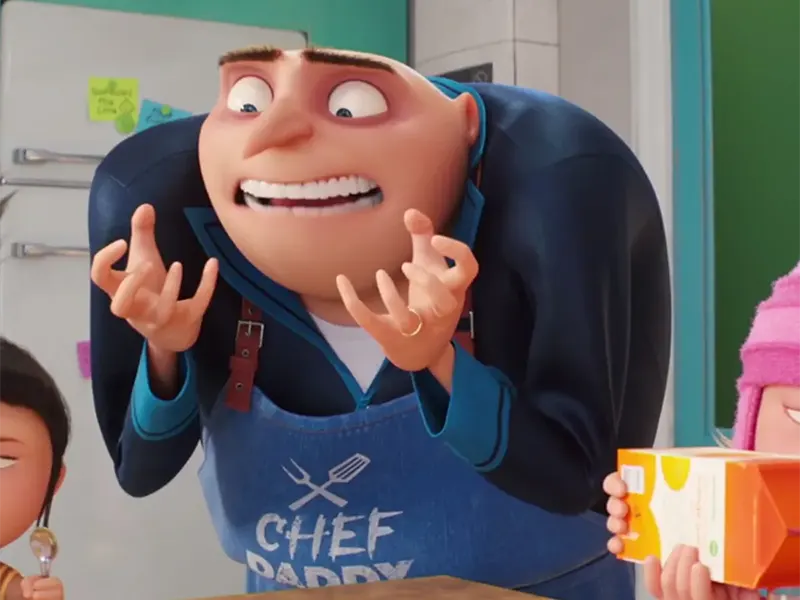 El villano y protagonista, Gru, estresado con la crianza de sus hijos