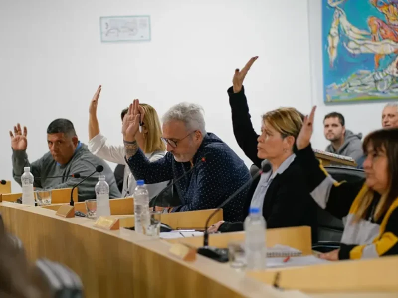 Concejales levantando la mano para votar afirmativamente en una sesión del HCD