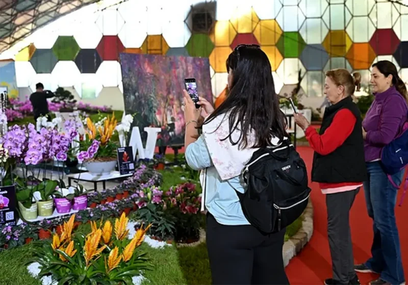 gente recorriendo la exposición y sacando fotos con sus celulares