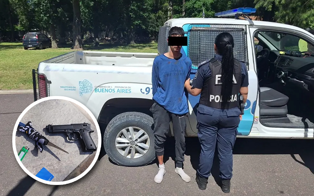 Imagen con circulo 1000 x 625 El delincuente, que ingresó con una faca y una réplica de arma de fuego al barrio cerrado, detenido junto a un patrullero