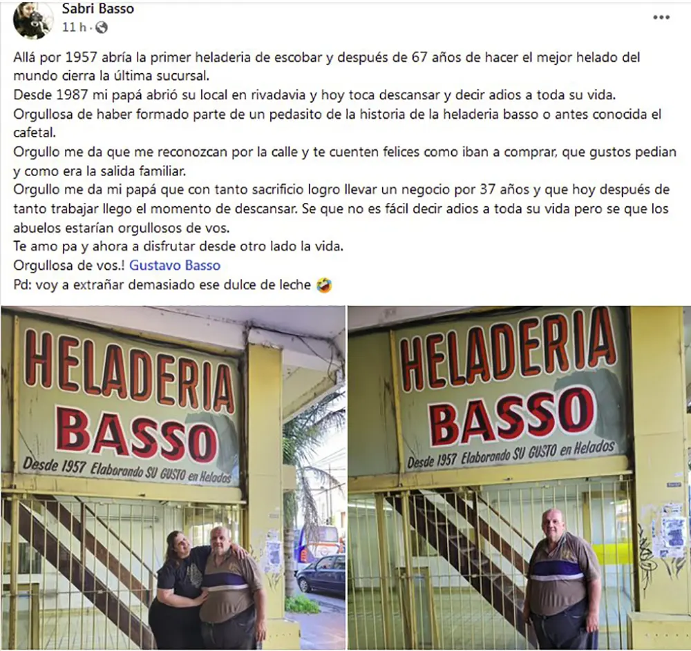 captura de un posteo de Sabri Basso sobre el cierre de la heladeria