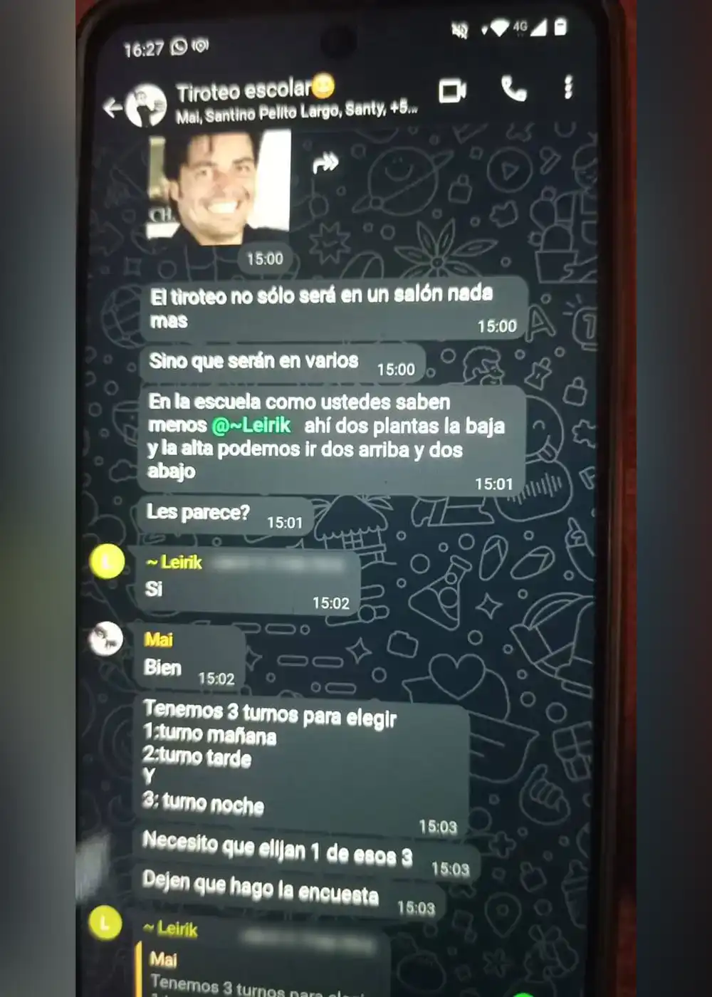 Chat de WhatsApp entre alumnos donde hablaban de organizar la masacre