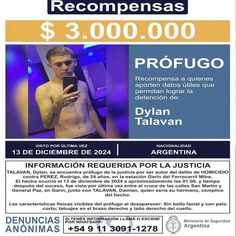 Pedido de recompensa del Ministerio de Seguridad por el paradero de Dylan Talavan