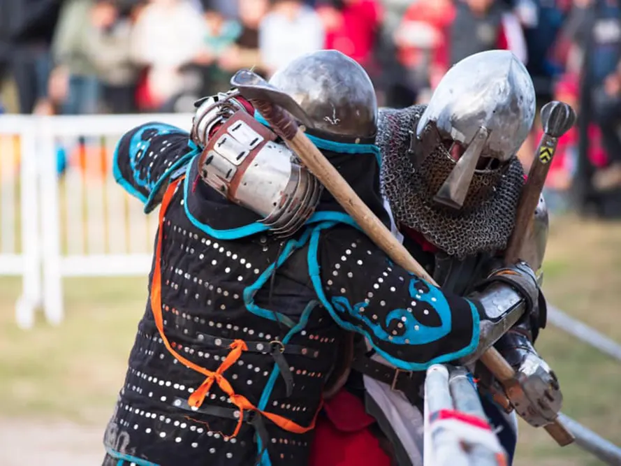 Participantes de Terra Avstralis en una pelea grupal con armaduras y espadas reales