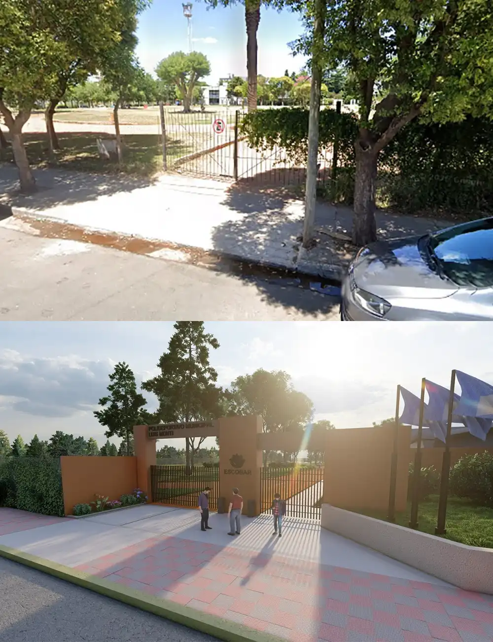 antes y después de la fachada del polideportivo