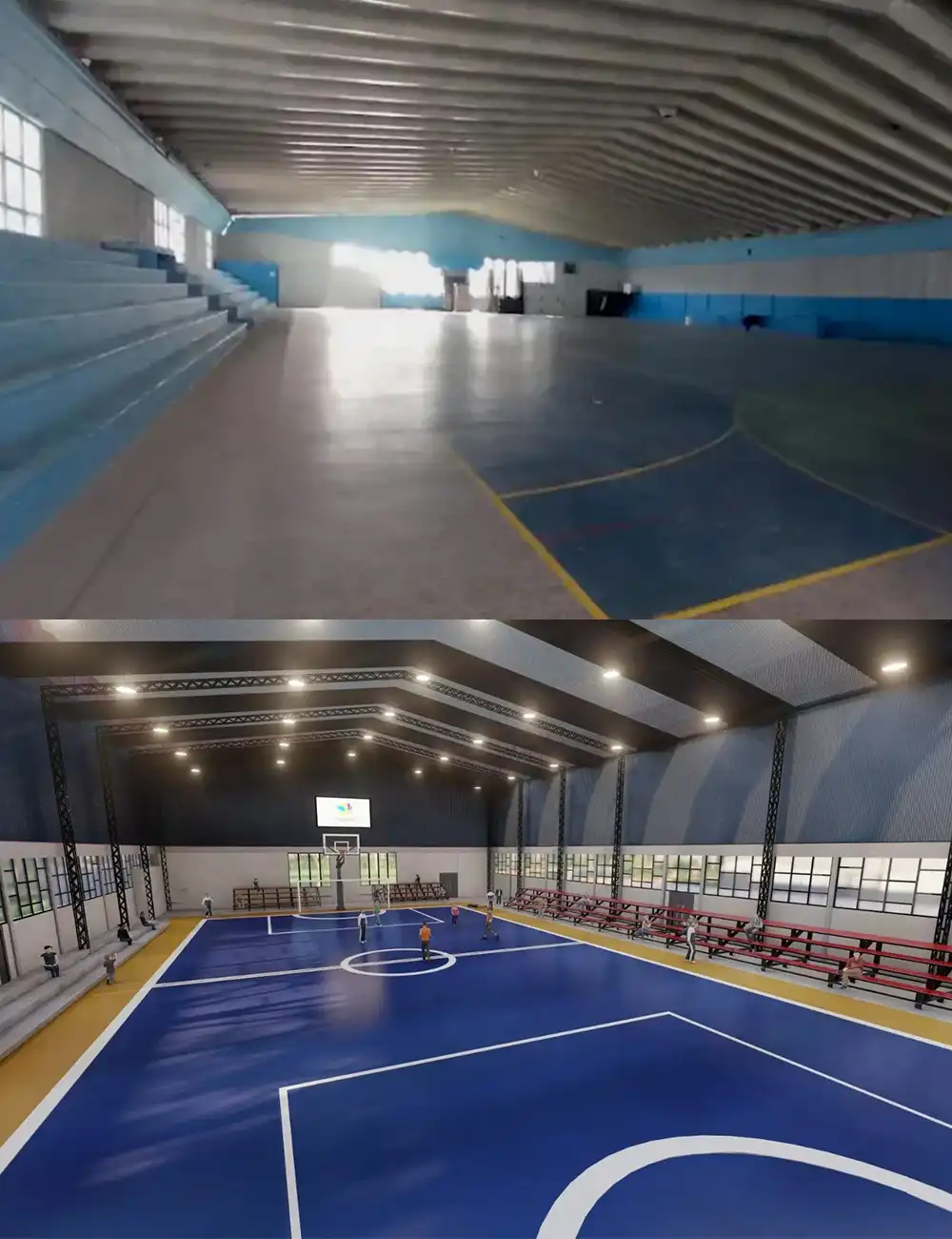 antes y después de la fachada del microestadio