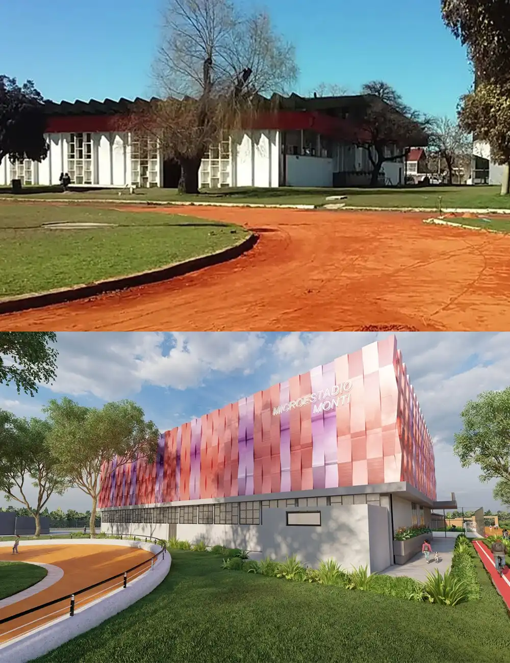 antes y después de la fachada del microestadio