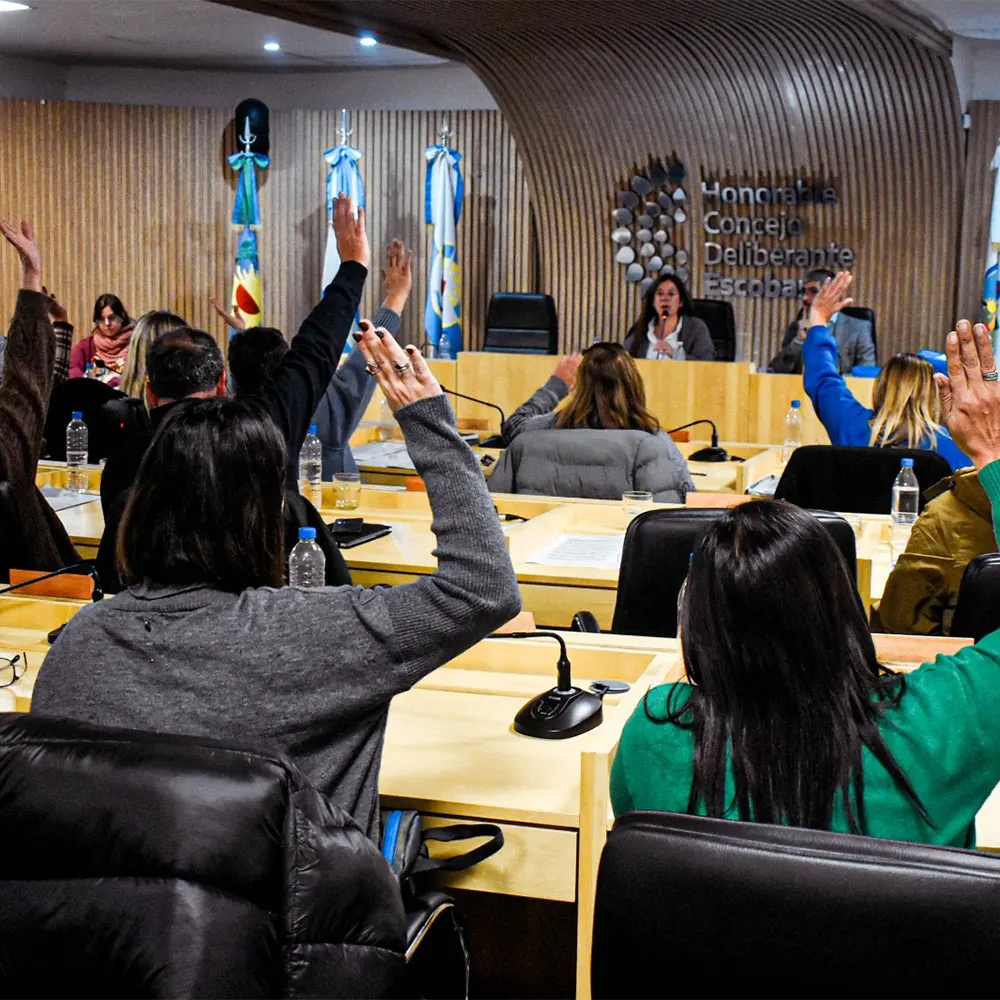 Concejales de espaldas con las manos en alto en la votación