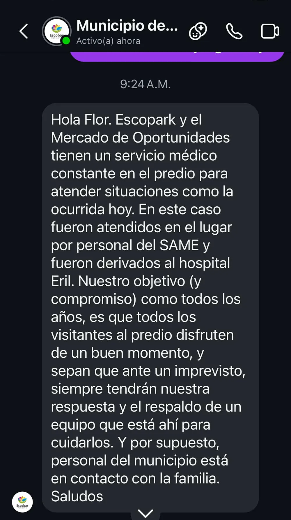 Chat de la vecina con el Municipio sobre el incidente en Escopark