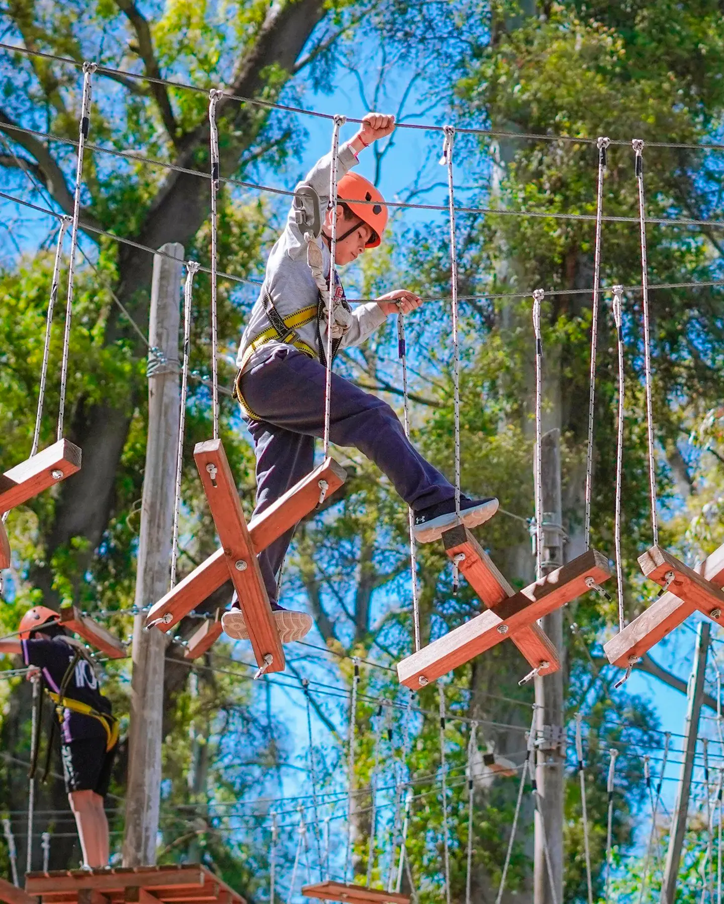 Chicos cruzando un puente aéreo en el parque Aventura