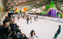 El parque lleno de chicos disfrutando la pista de patinaje y inflables de gran tamaño.