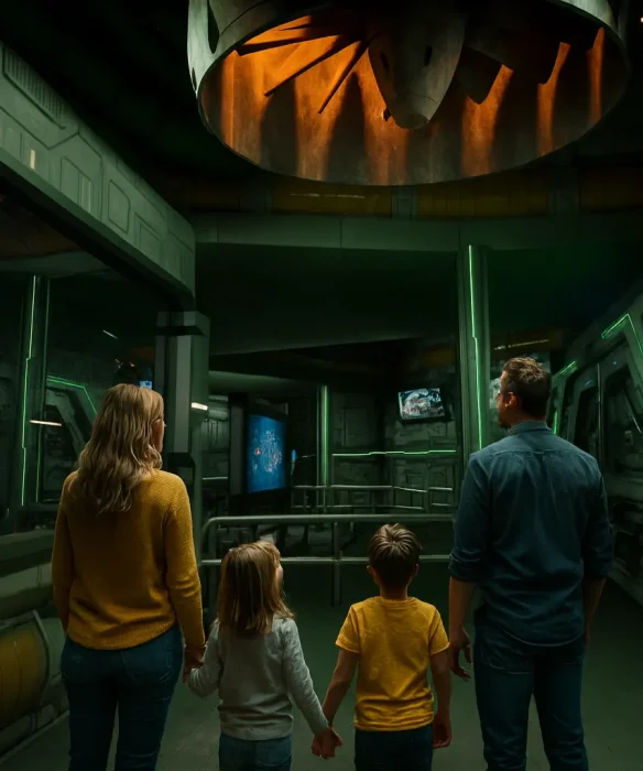 Una familia viviendo la experiencia de estar dentro de una nave.