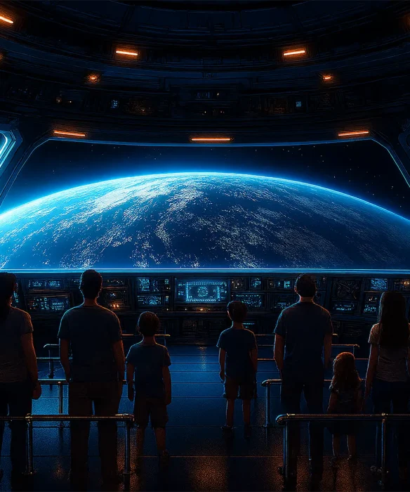 Similacion de estar dentro de una nave espacial donde se puede ver a la tierra.