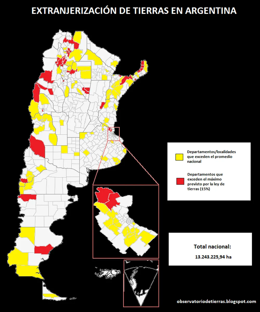 Mapa sobre la extranjerizaci&oacute;n de tierras en Argentina.