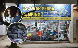 el local de caza y pesca donde ocurrió el robo, el detenido y las armas robadas