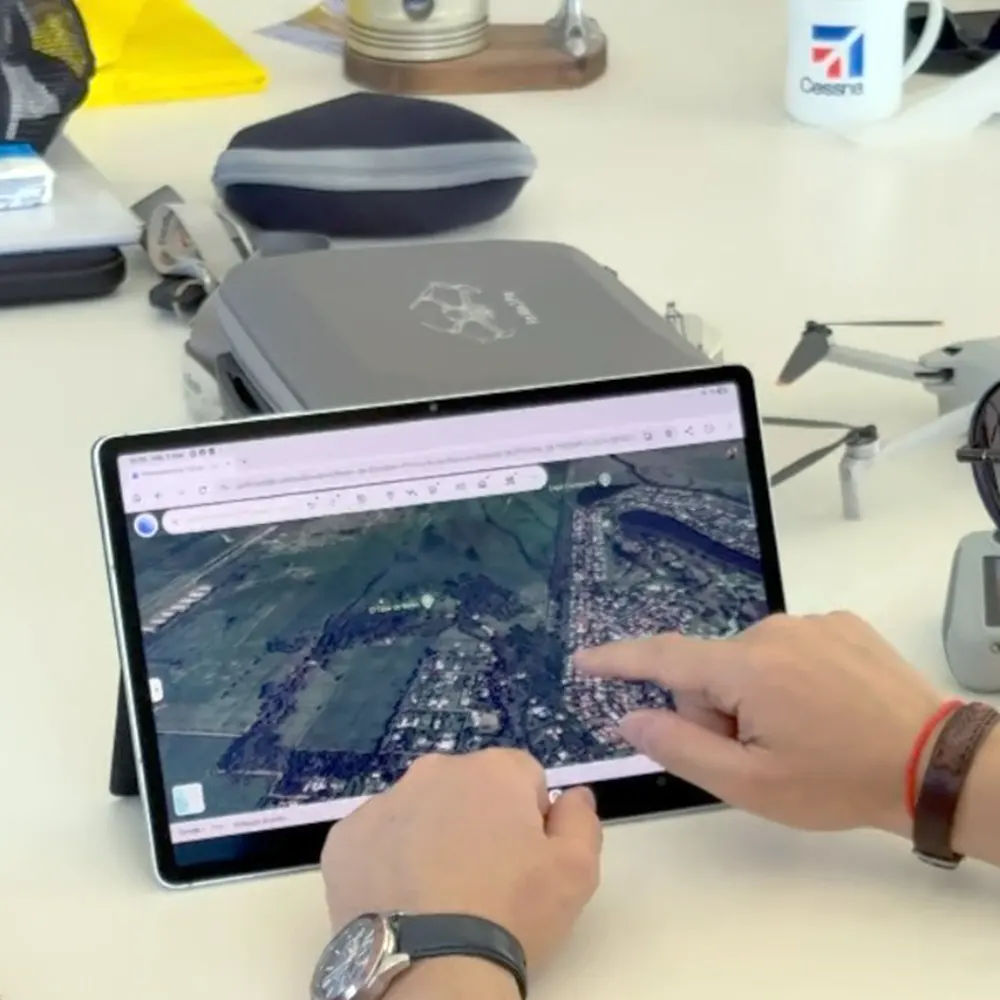 Im&aacute;genes a&eacute;reas de un dron a trav&eacute;s de una tablet.