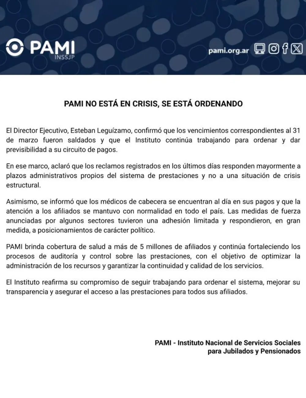 Comunicado de PAMI