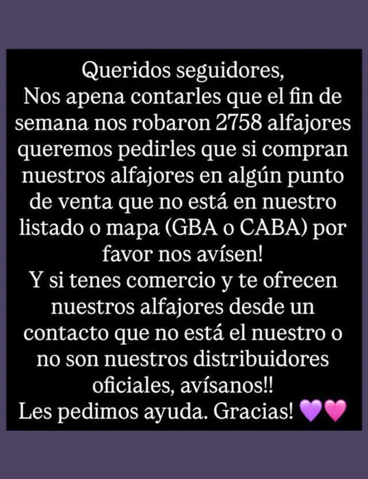 Posteo en Instagram de Zendem Alfajores.