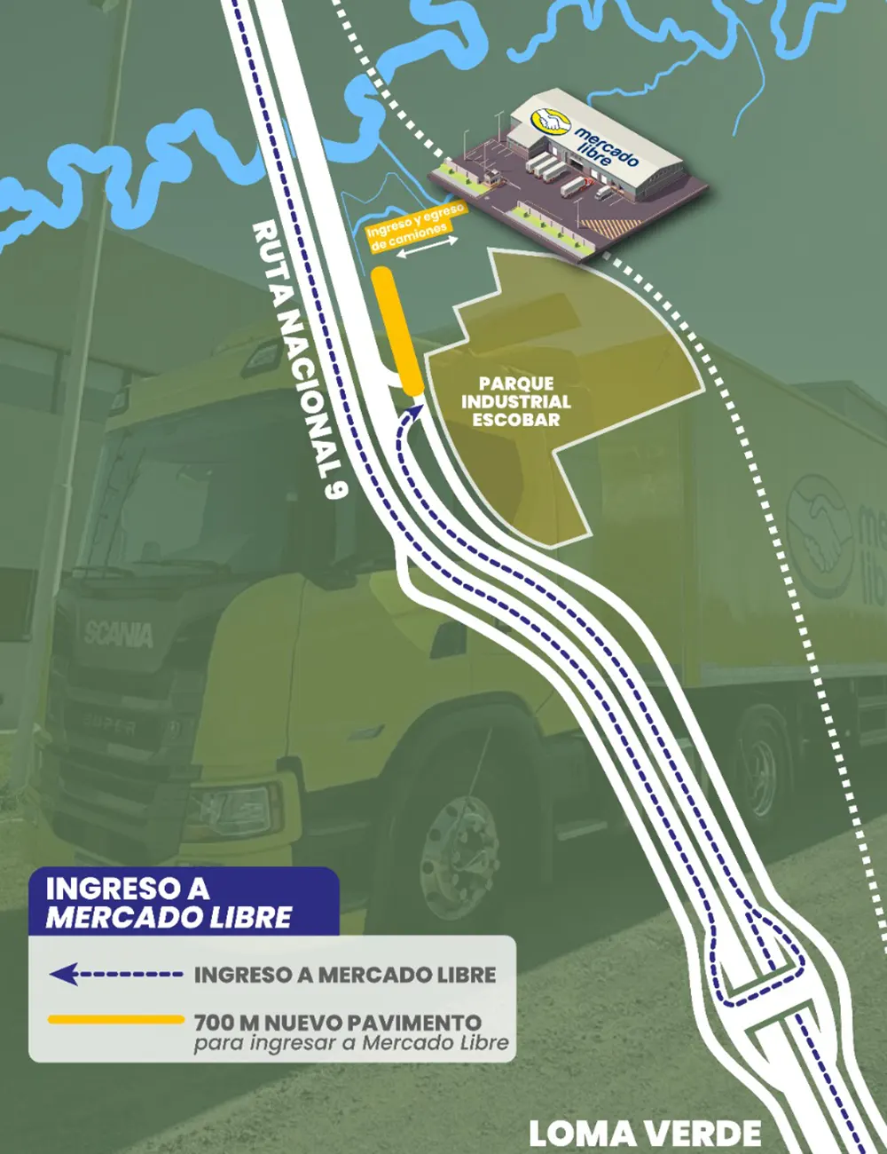 Ingreso al predio de Mercado Libre en Loma Verde.