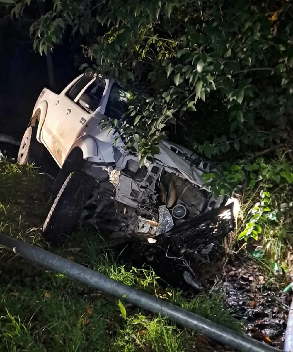 la camioneta en la zanja tras chocar con los postes