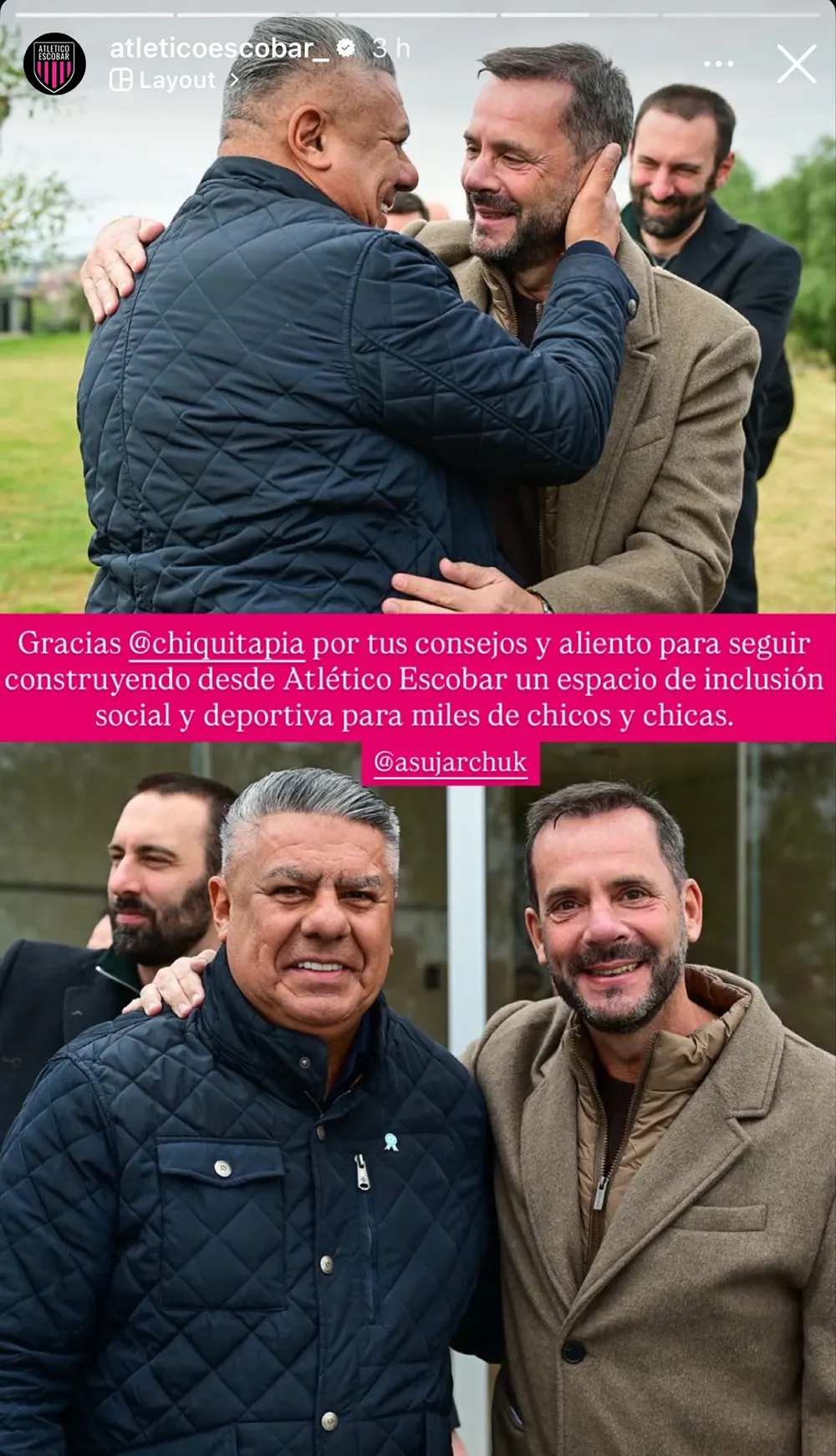 Chiqui Tapia y Ariel Sujarchuk se saludan