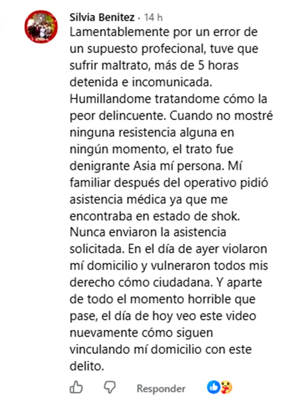 Comentario de Silvia Ben&iacute;tez en la publicaci&oacute;n de la Secretar&iacute;a de Seguridad.