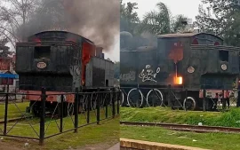 La locomotora histórica de la estación de Escobar, incendiada.