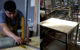 Estudiantes de la Escuela Técnica Nº3 de Savio, construyendo mesas y bancos.