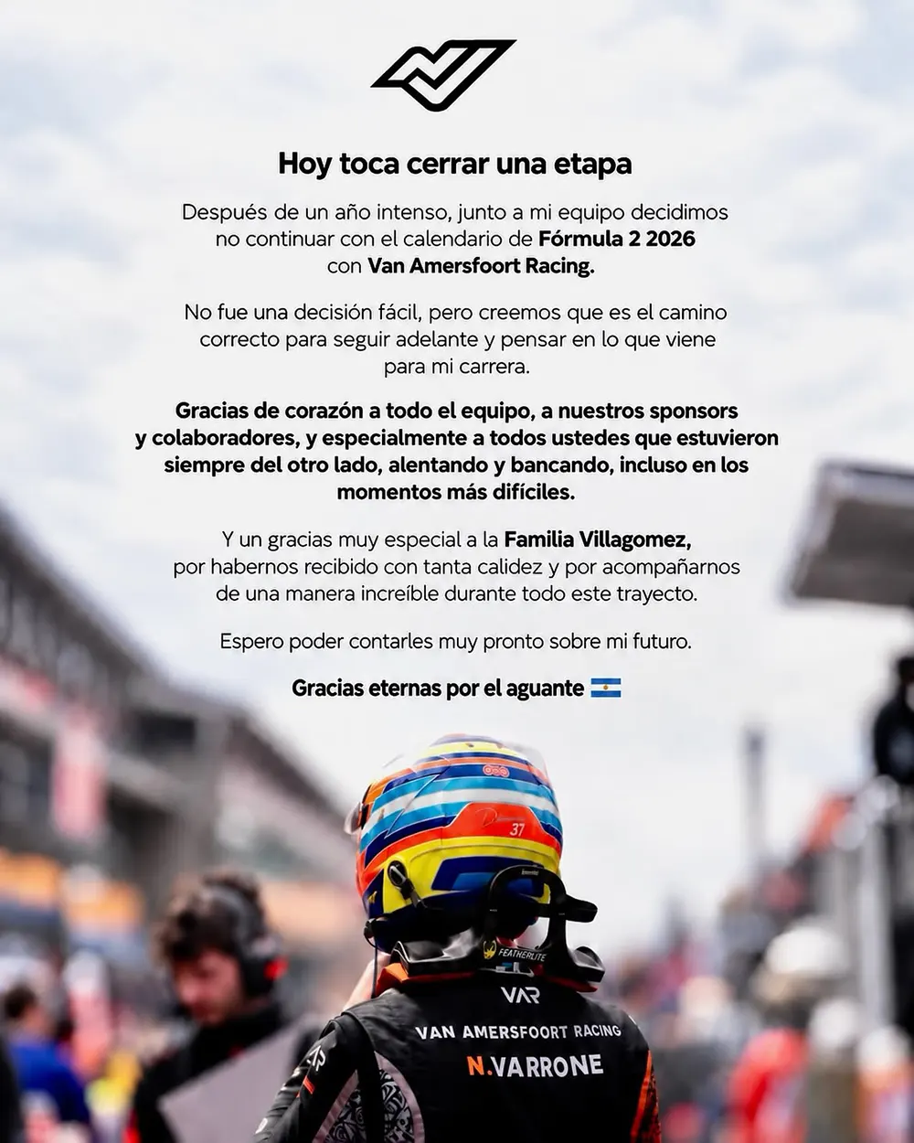 El comunicado con el que Varrone anunci&oacute; su retiro de la F&oacute;rmula 2 en Instagram