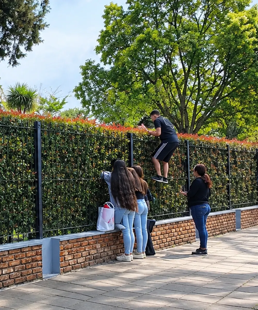 Chicos espiando desde el cerco del Jard&iacute;n Japon&eacute;s.