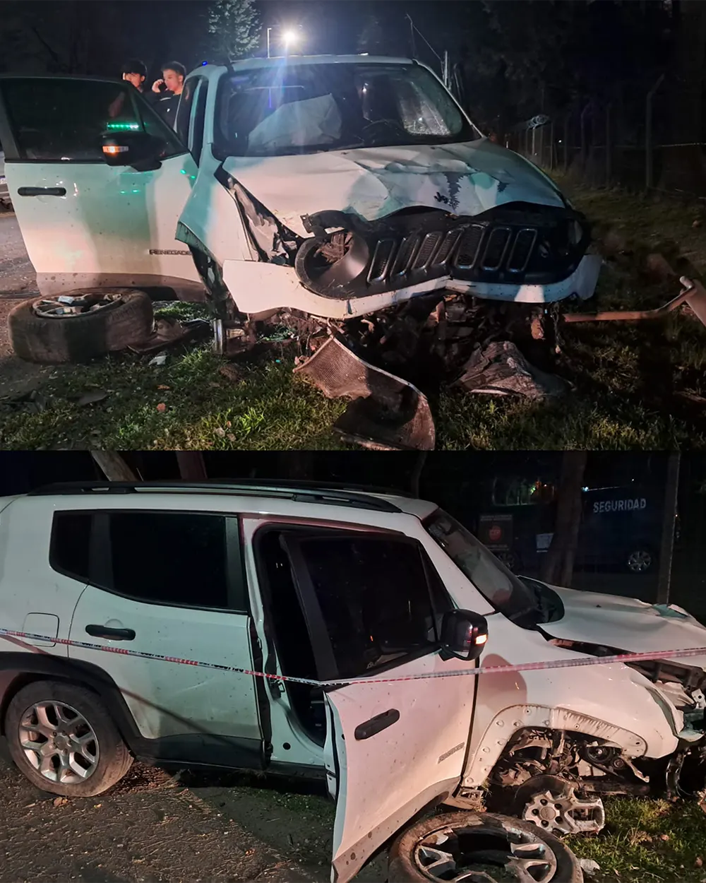 La camioneta Jeep quedó destrozada tras el impacto.