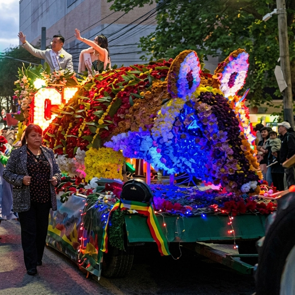 Carroza de la Colectividad Boliviana de Escobar decorada con flores que forman la figura de un quirquincho.
