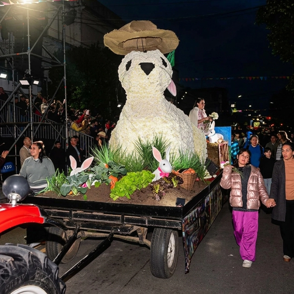 Carroza de la Escuela de Floricultura y Jardiner&iacute;a decorada con una gran escultura blanca de un conejo con sombrero de paja.