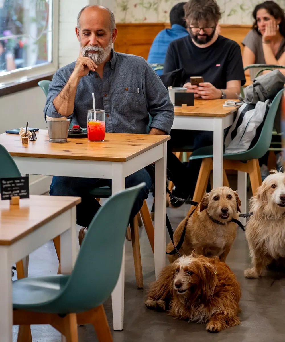 Un cliente con sus mascotas en un comercio pet-friendly.